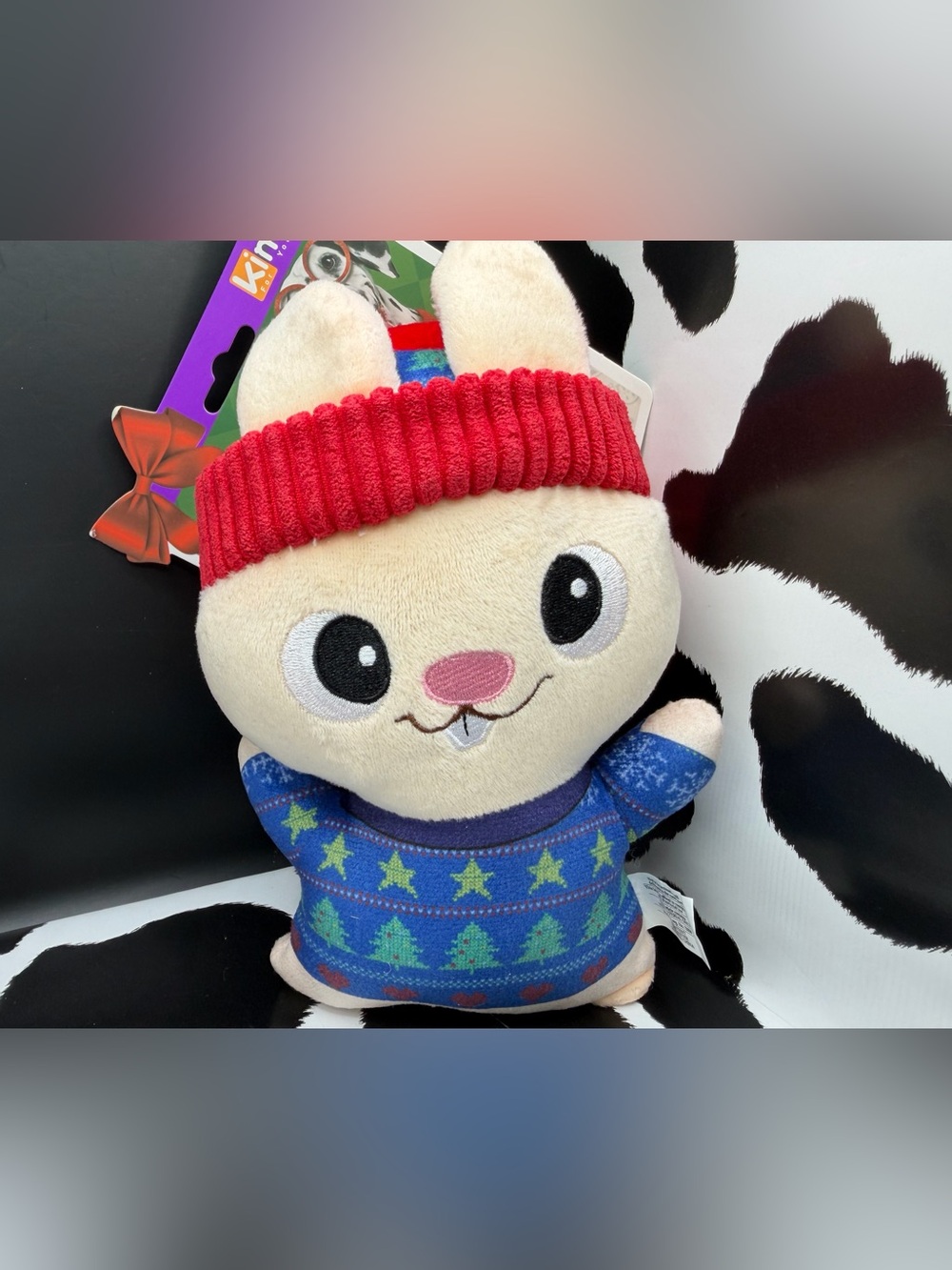 Kimee Holiday Bunny Plush with Red Headband Squeaky Durable Dog Toy